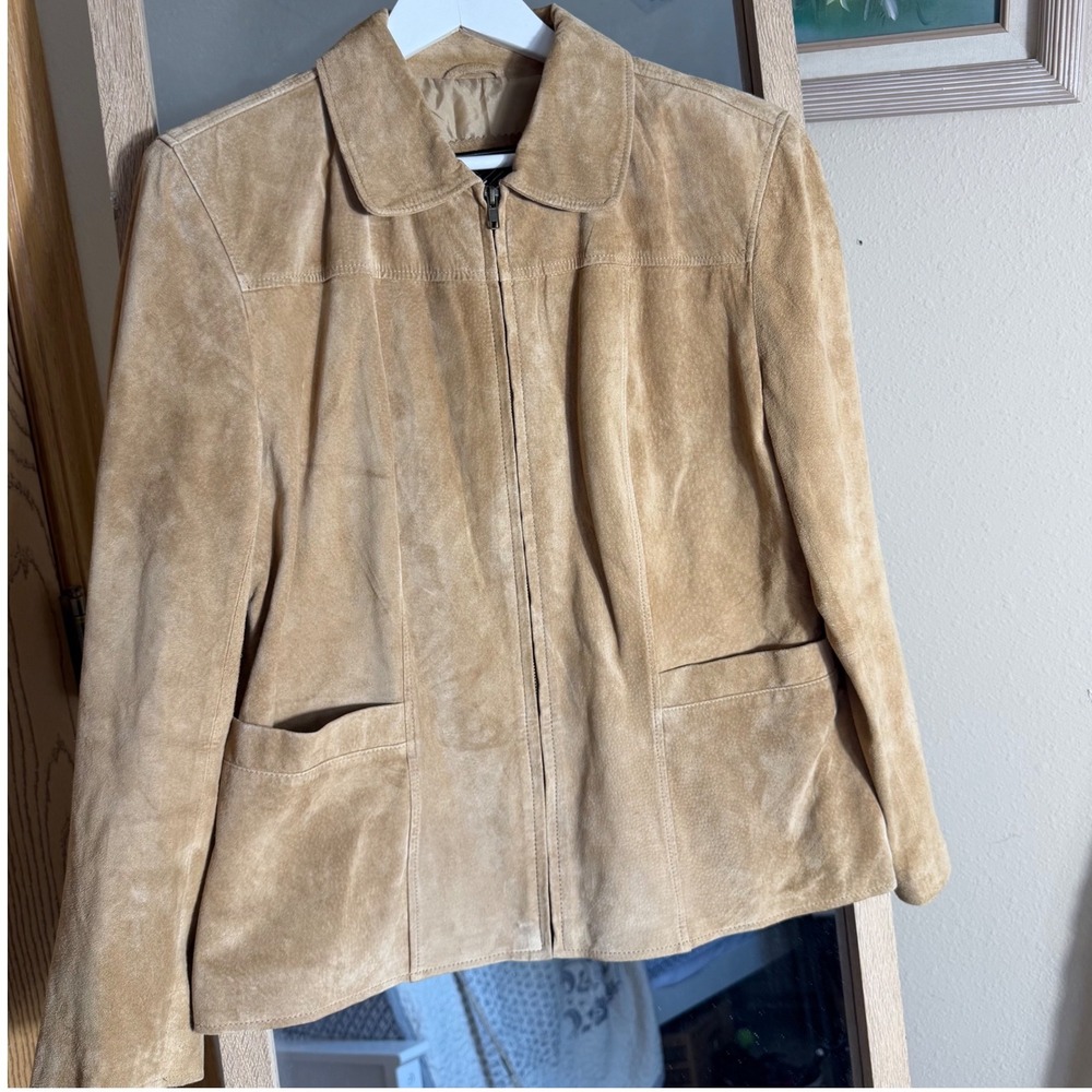 Atelier by B. Thomas Women's Tan Suede Leather Jacket Size L Zip Front